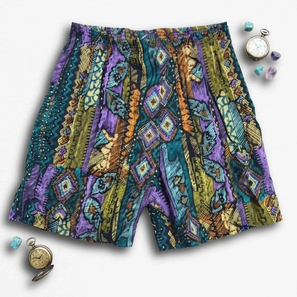 Vintage KWBL Los Angeles Abstract Geometric High Waist Shorts Multi Color Small